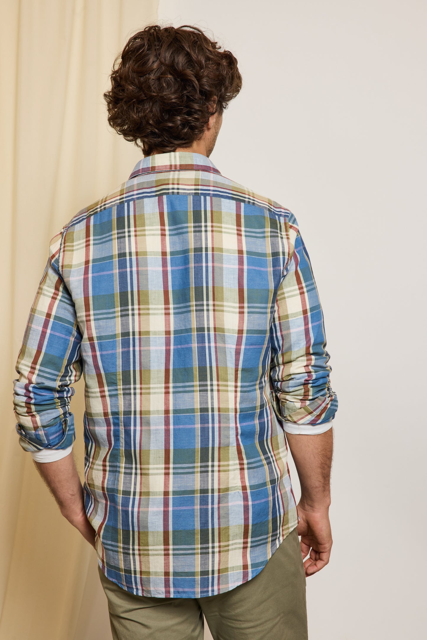 CHEMISE AJUSTÉE LIN COTON TARTAN BLEU