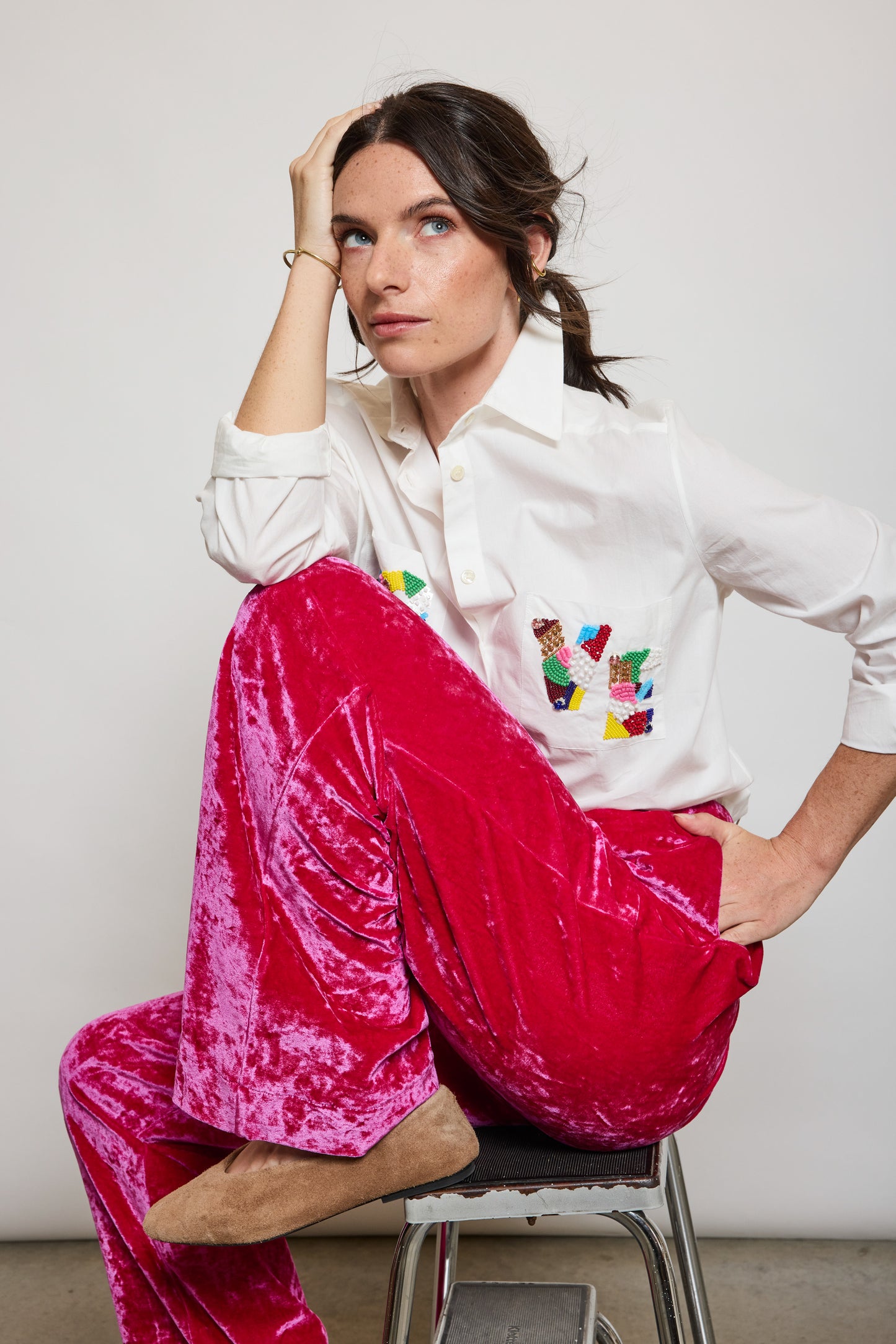 PANTALON EN PANNE DE VELOURS CYCLAMEN