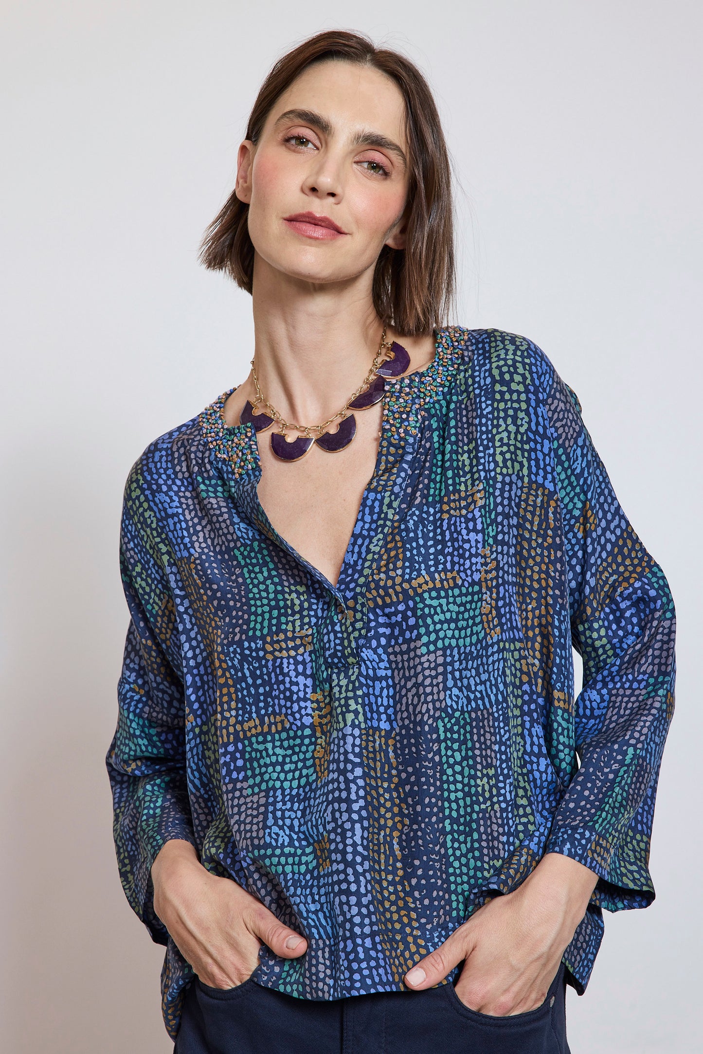 SILK ABORIGINAL TOP NAVY