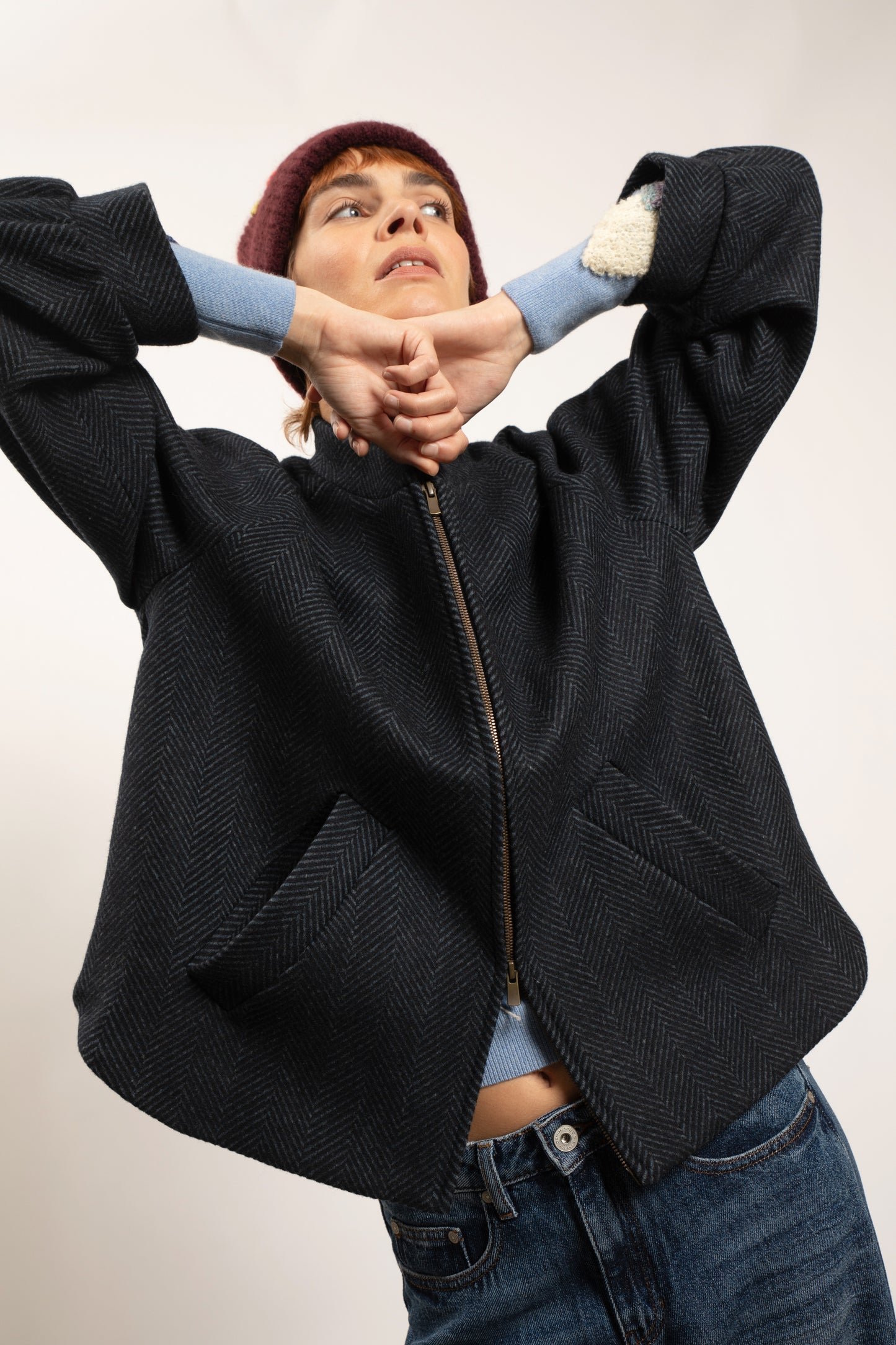 LONG HERRINGBONE COAT MARINE