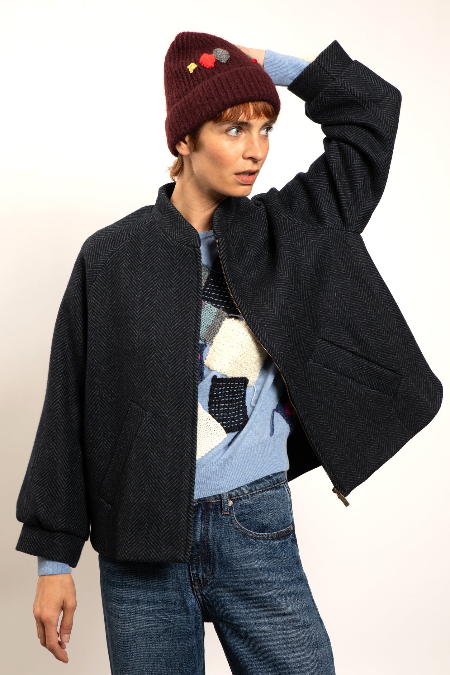 LONG HERRINGBONE COAT MARINE