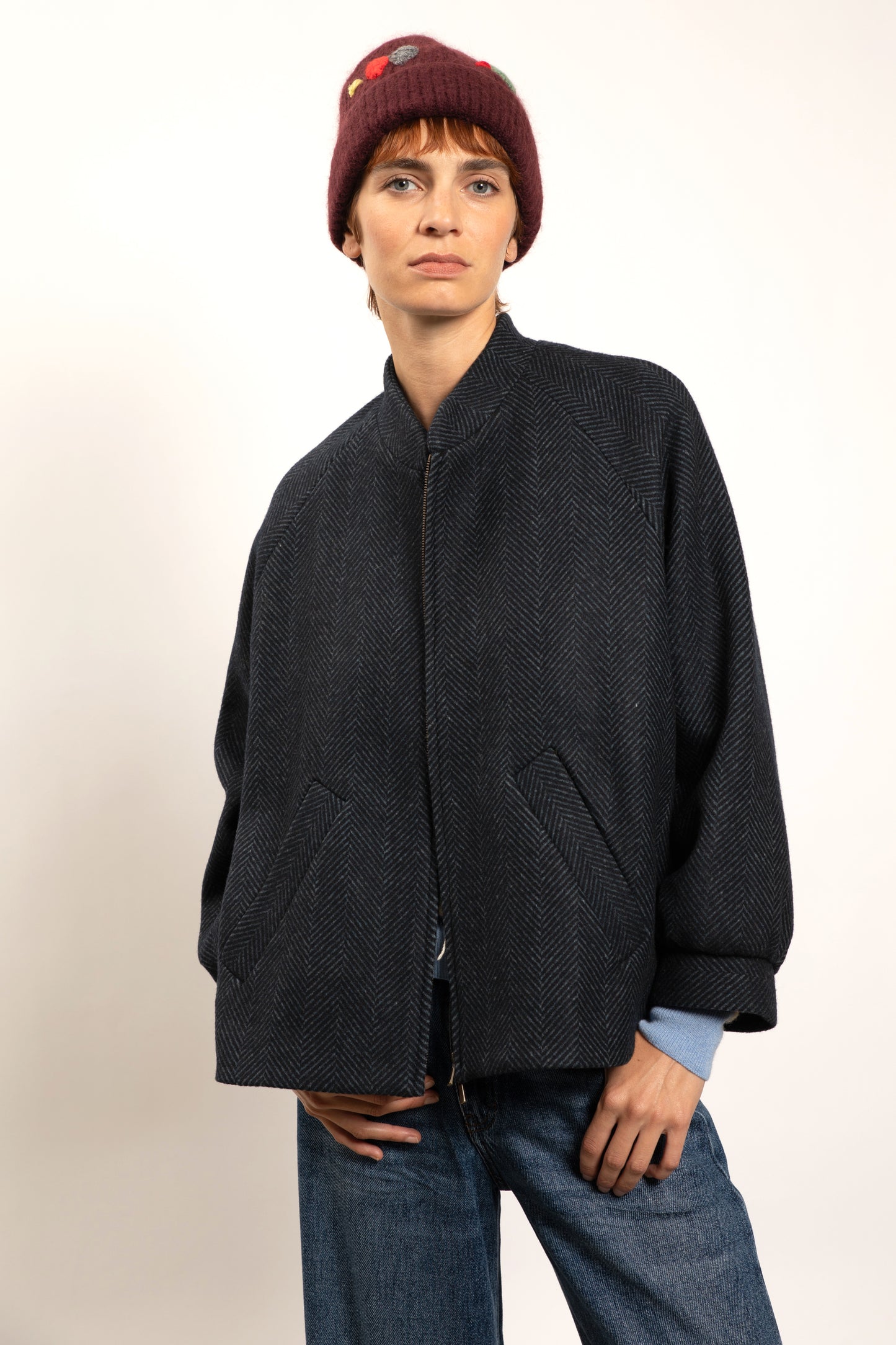 LONG HERRINGBONE COAT MARINE