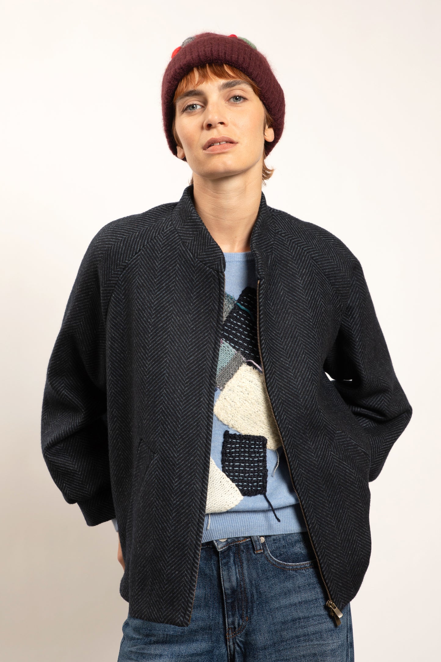 LONG HERRINGBONE COAT MARINE