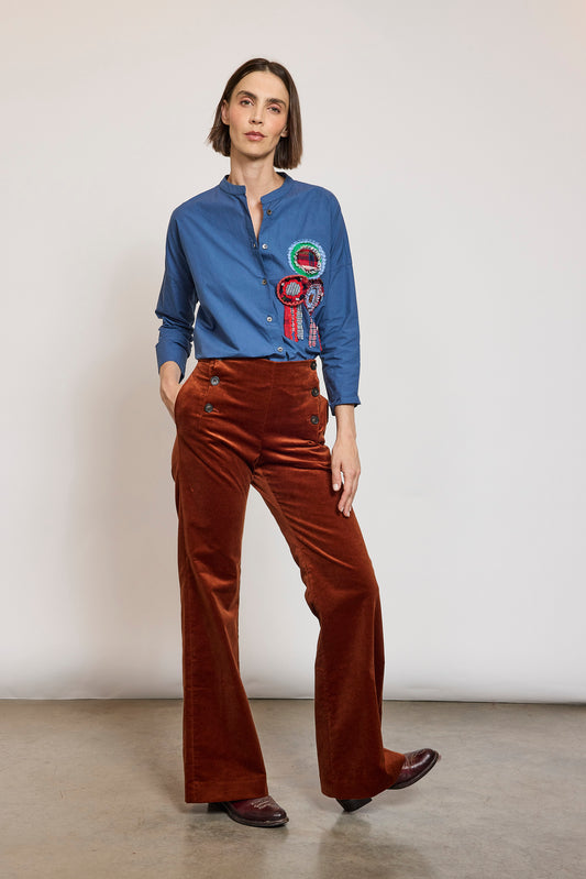 PANTALON À PONT EN VELOURS ECUREUIL