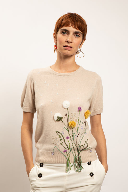 T-SHIRT LAINE ET CACHEMIRE BEIGE