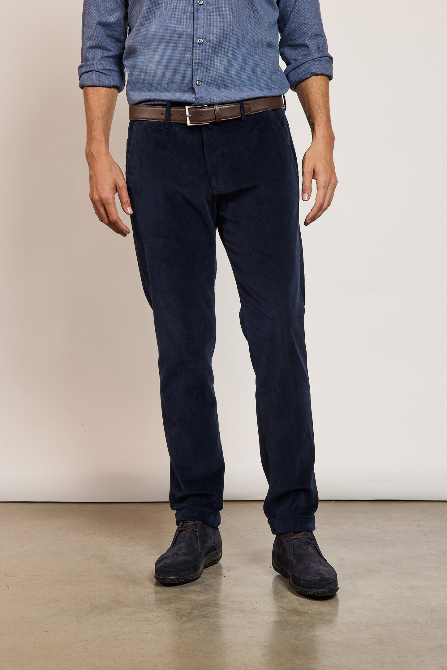 PANTALON SLIM VELOURS LISSE MARINE