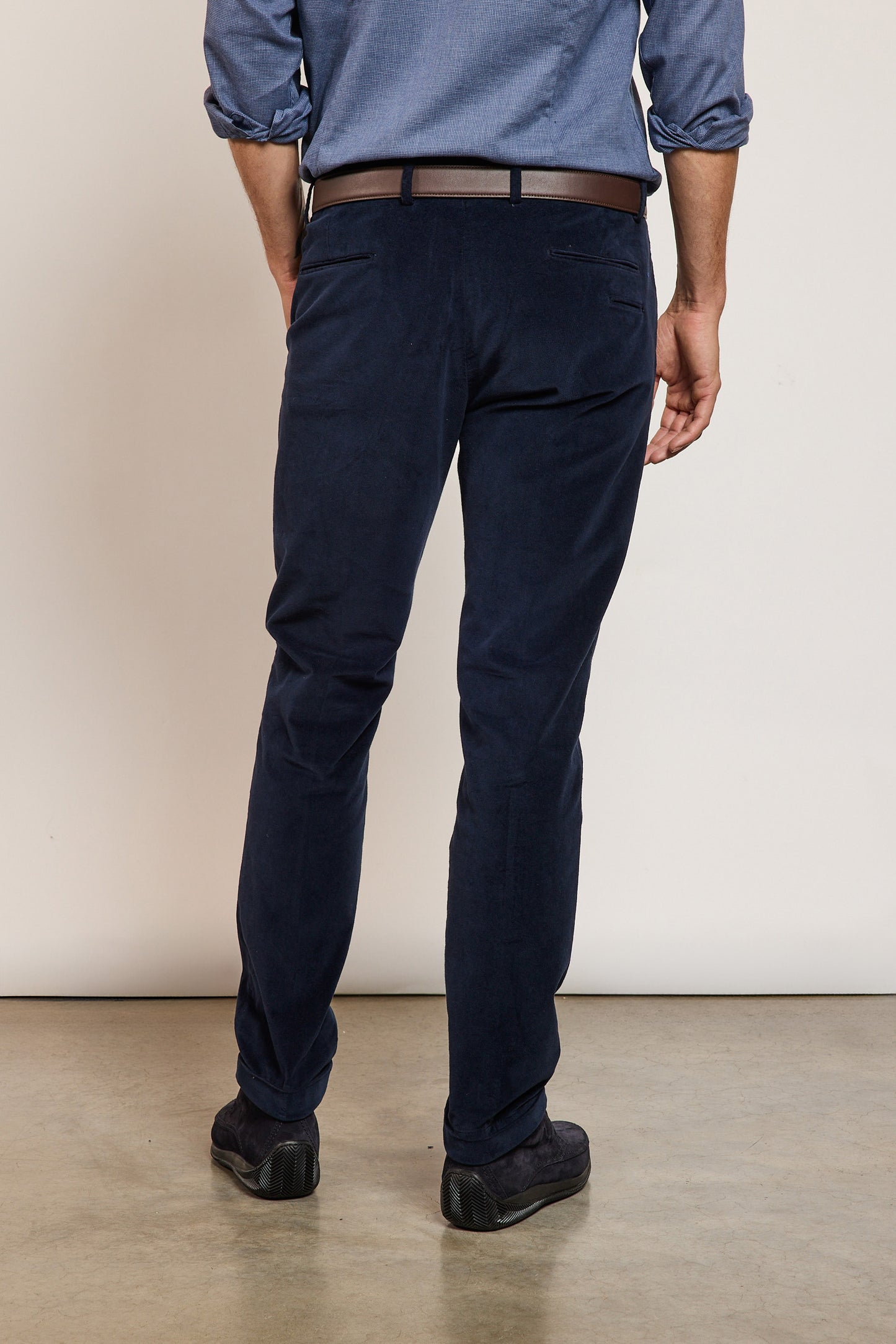 PANTALON SLIM VELOURS LISSE MARINE