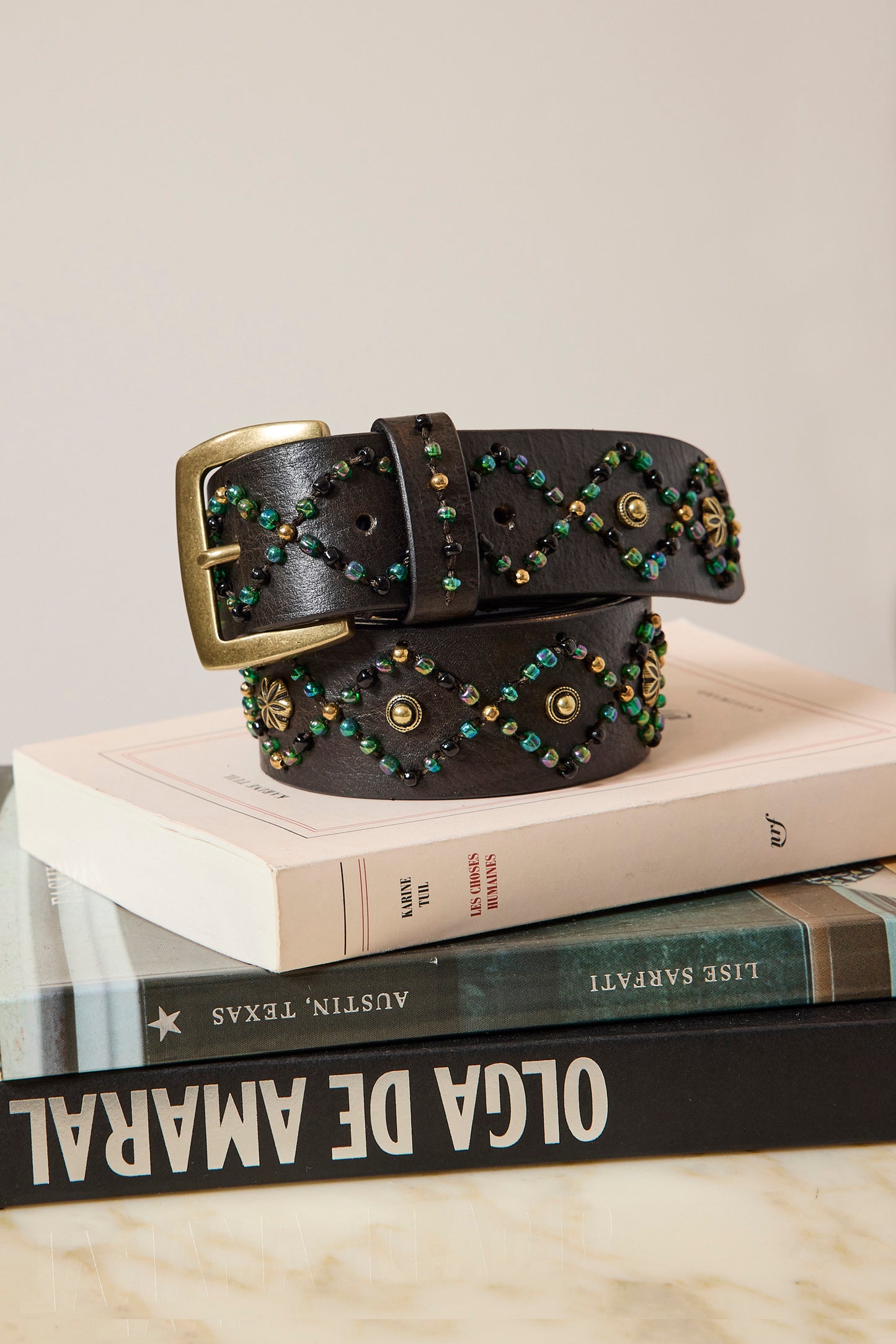 LEATHER & PEARLS BELT GREEN