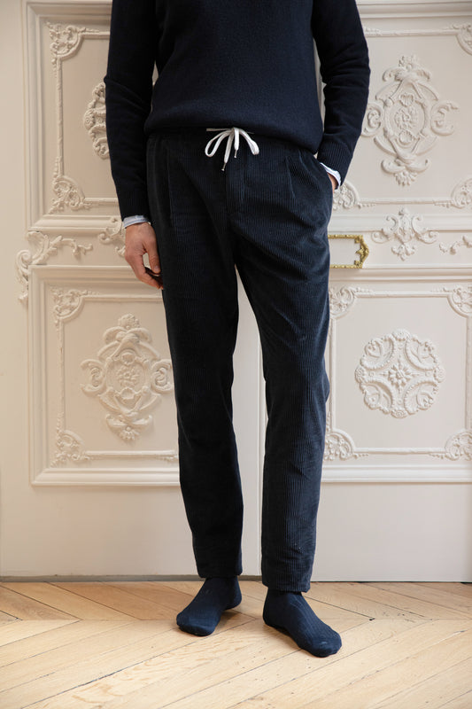 PANTALON VELOURS À PINCES MARINE