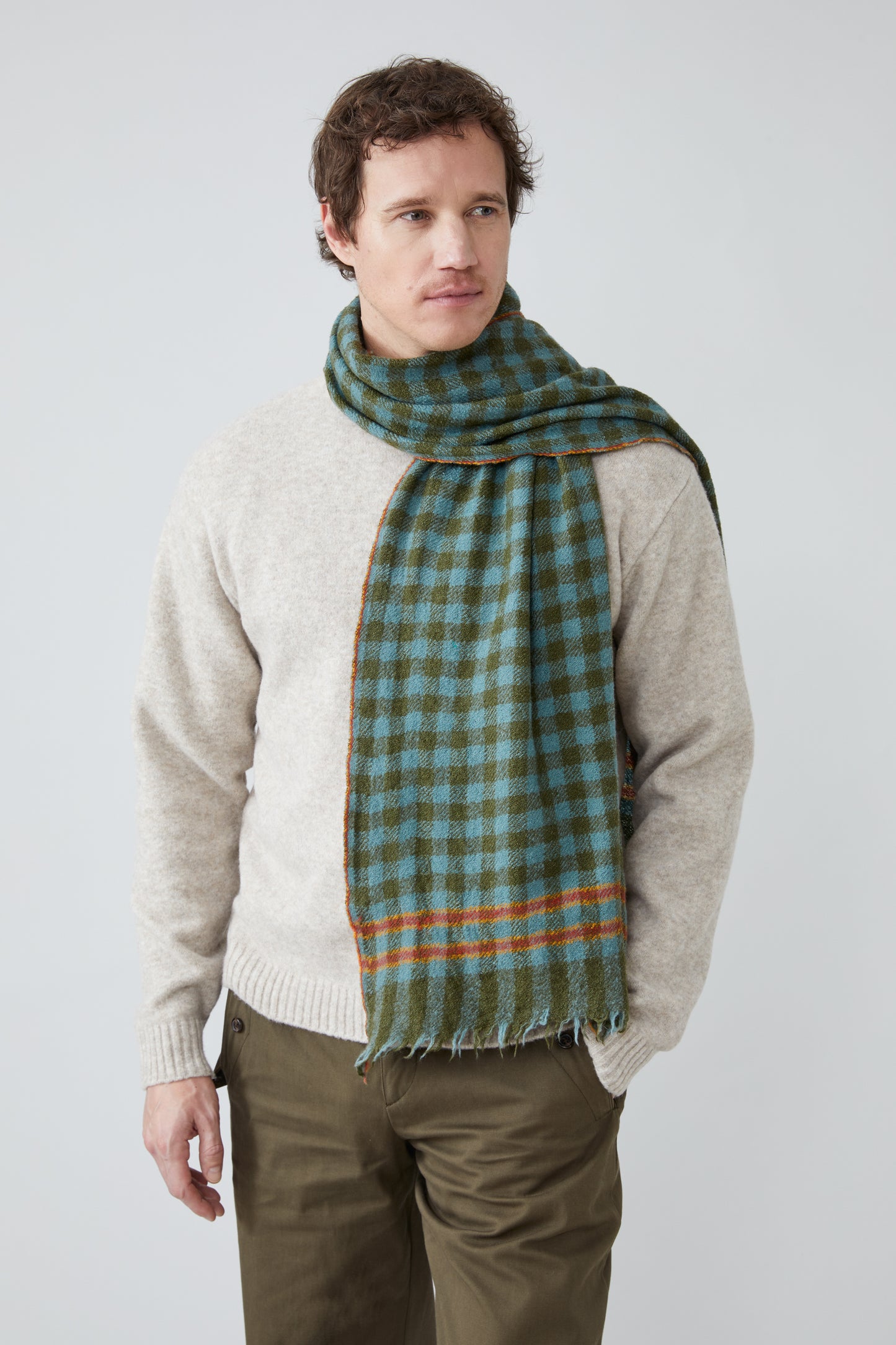 GINGHAM WOOL SCARF BLUE