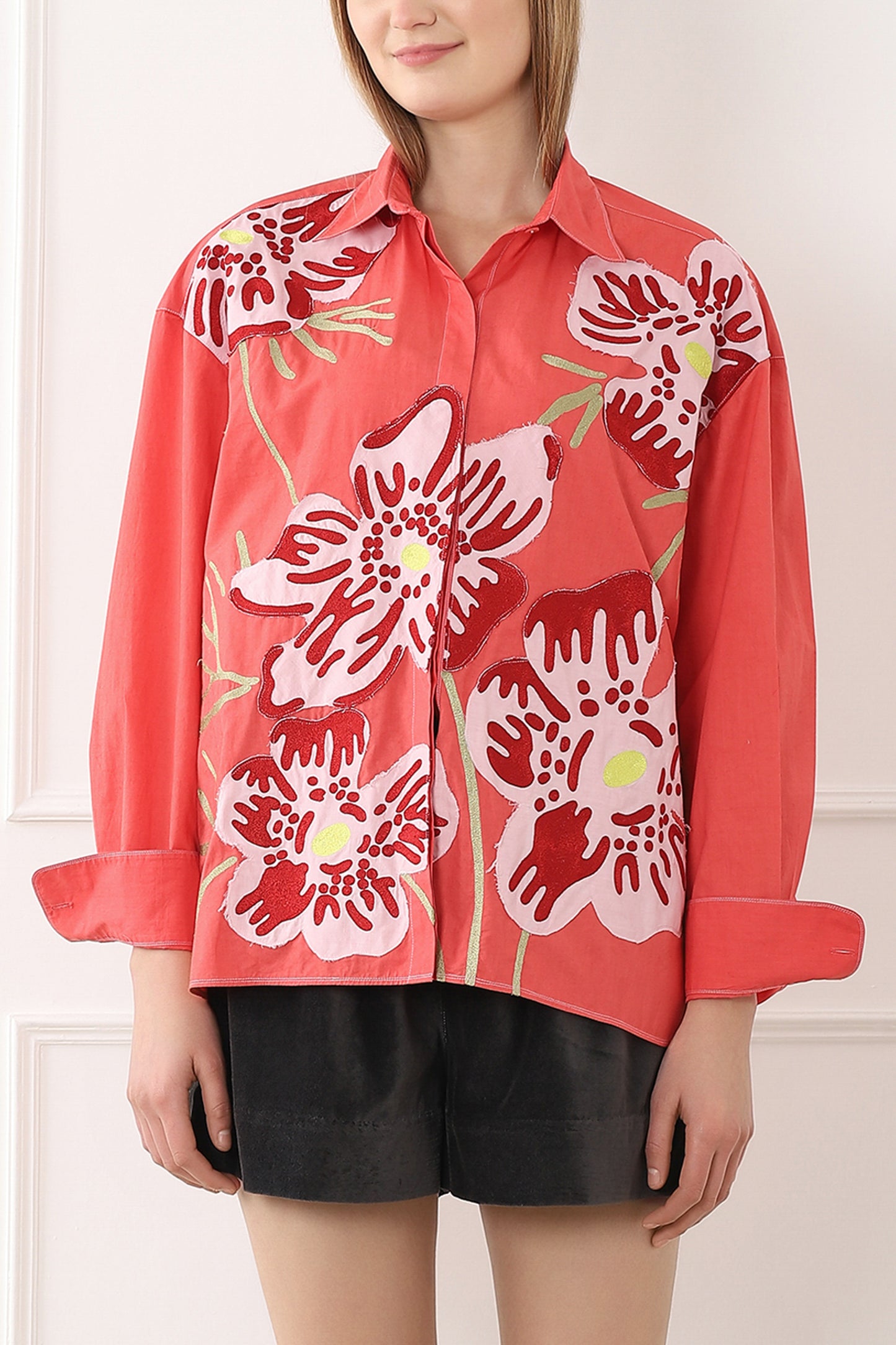 CHEMISE BRODÉE MAXI FLEURS BLEUE