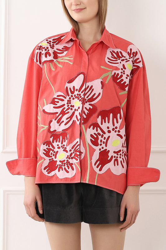 CHEMISE BRODÉE MAXI FLEURS BLEUE