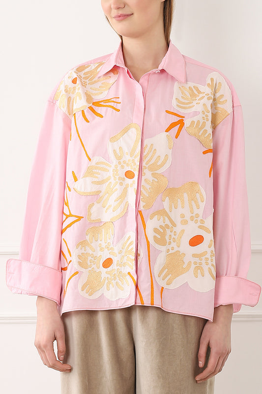 CHEMISE BRODÉE MAXI FLEURS ROSE