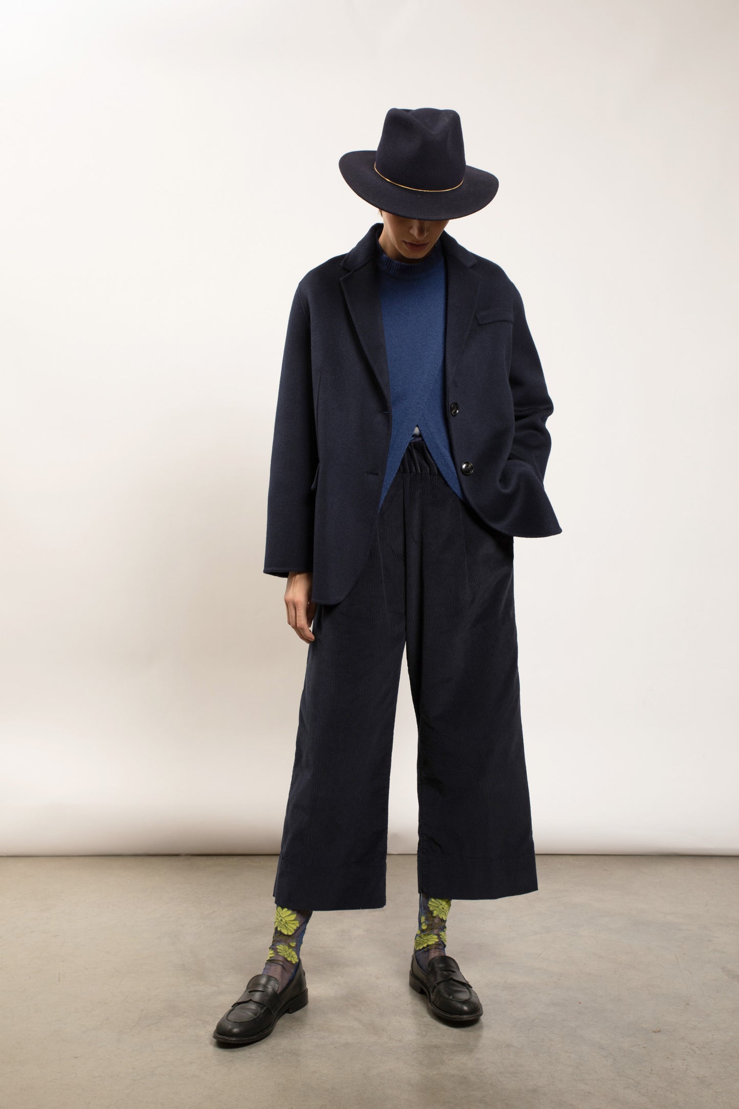 PANTALON LARGE VELOURS CÔTELÉ MARINE