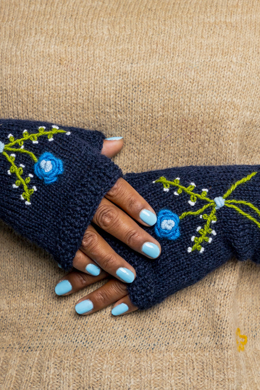 MITAINES BRODÉES EN ALPAGA MARINE