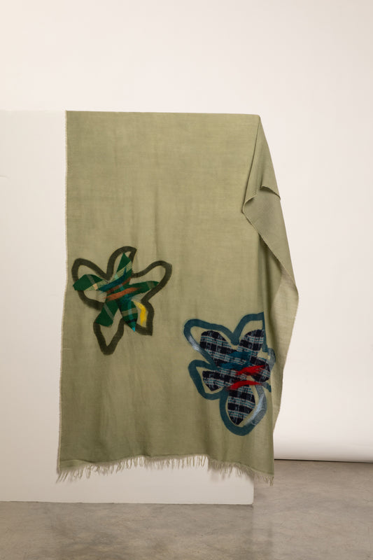 ÉCHARPE LAINE FEUTRÉE FLEURS KAKI