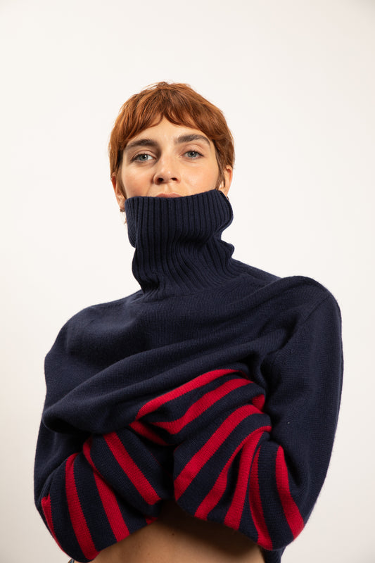 COL ROULÉ RAYÉ MARINE