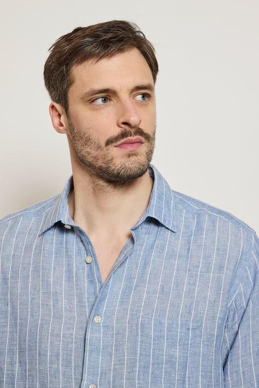 LINEN COTTON SEMI SLIM SHIRT DENIM BLUE