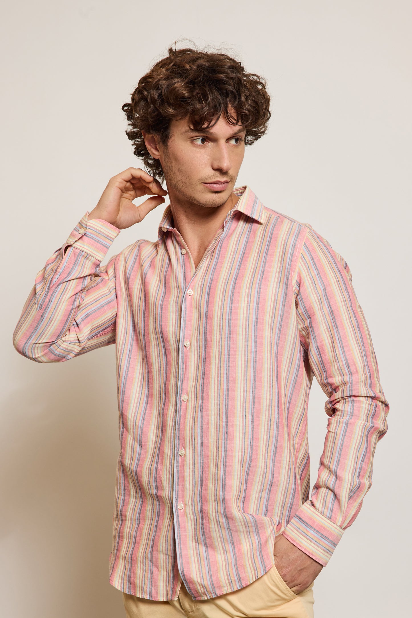 CHEMISE AJUSTÉE LIN COTON RAYURES CORAIL