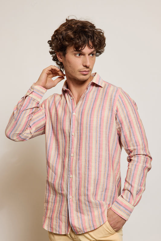 CHEMISE AJUSTÉE LIN COTON RAYURES CORAIL