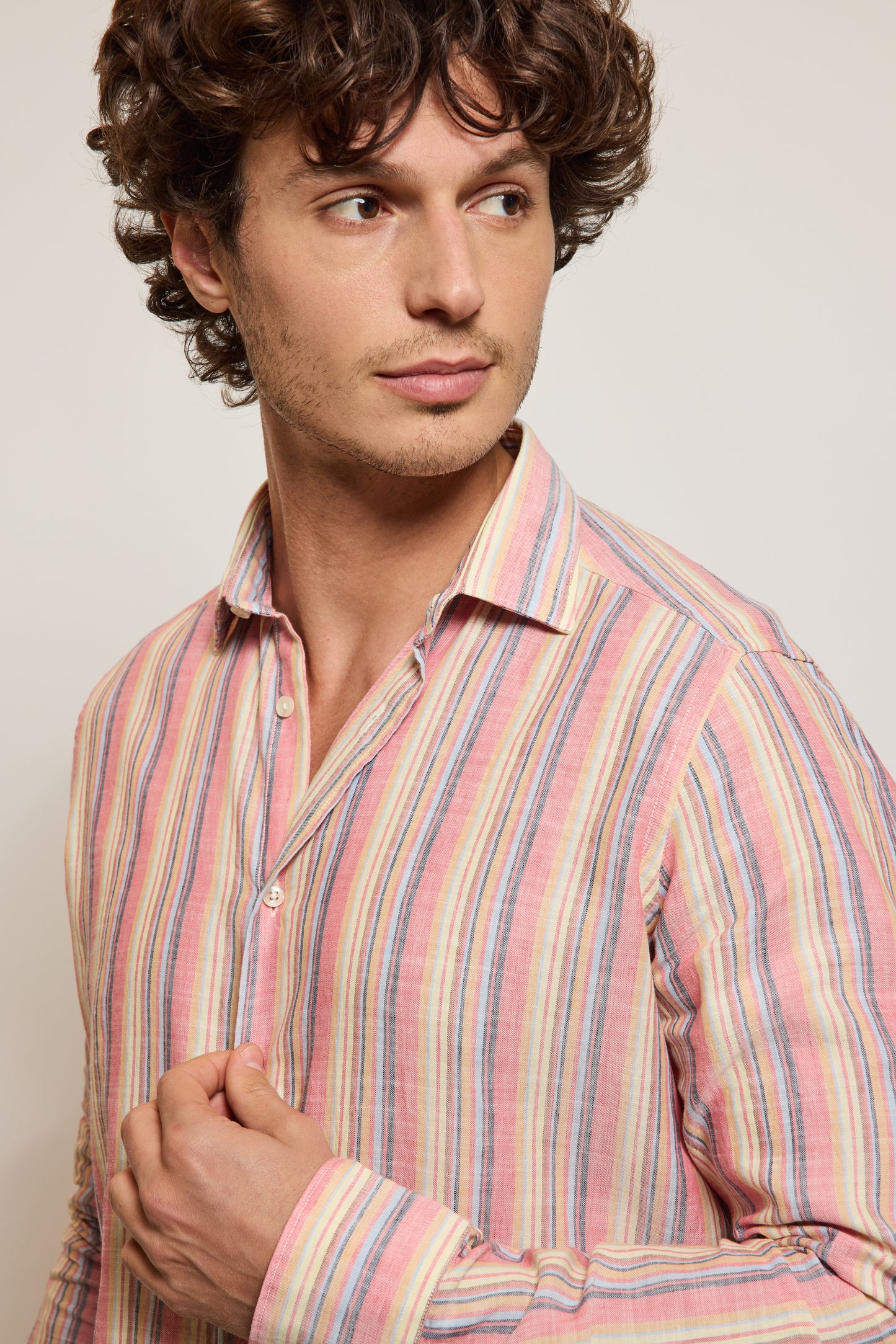 CHEMISE AJUSTÉE LIN COTON RAYURES CORAIL