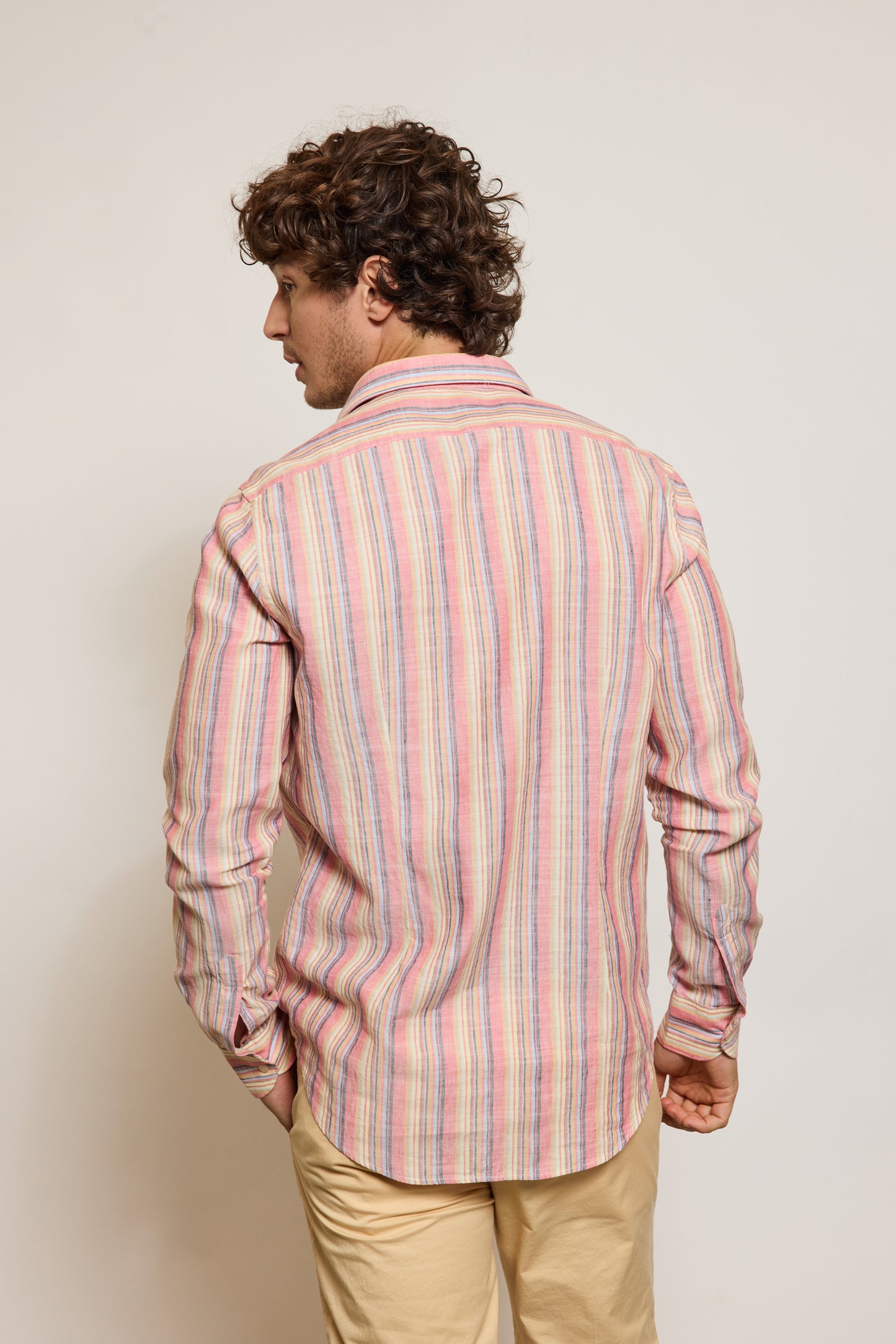 CHEMISE AJUSTÉE LIN COTON RAYURES CORAIL