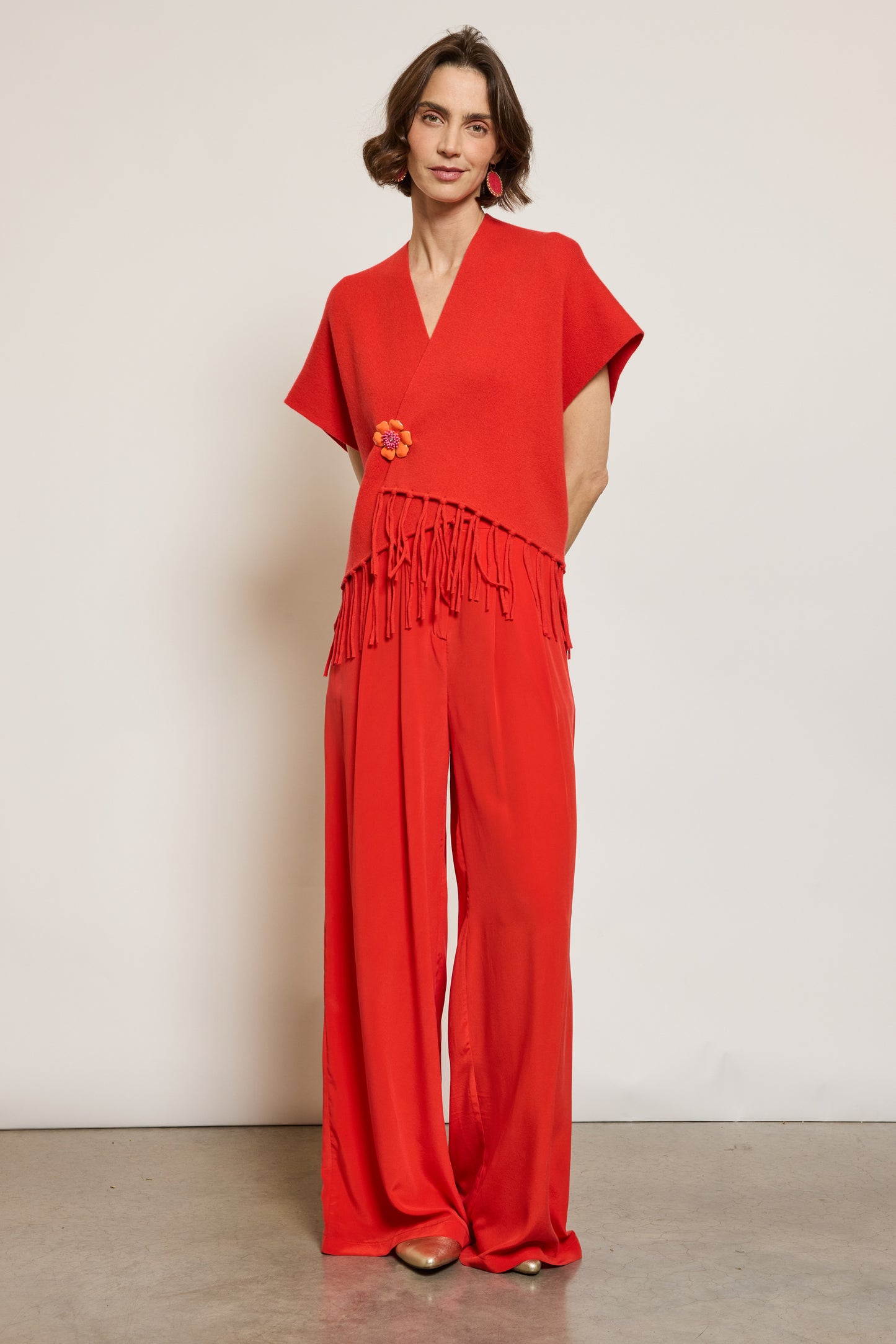 CARDIGAN À FRANGES CORAIL