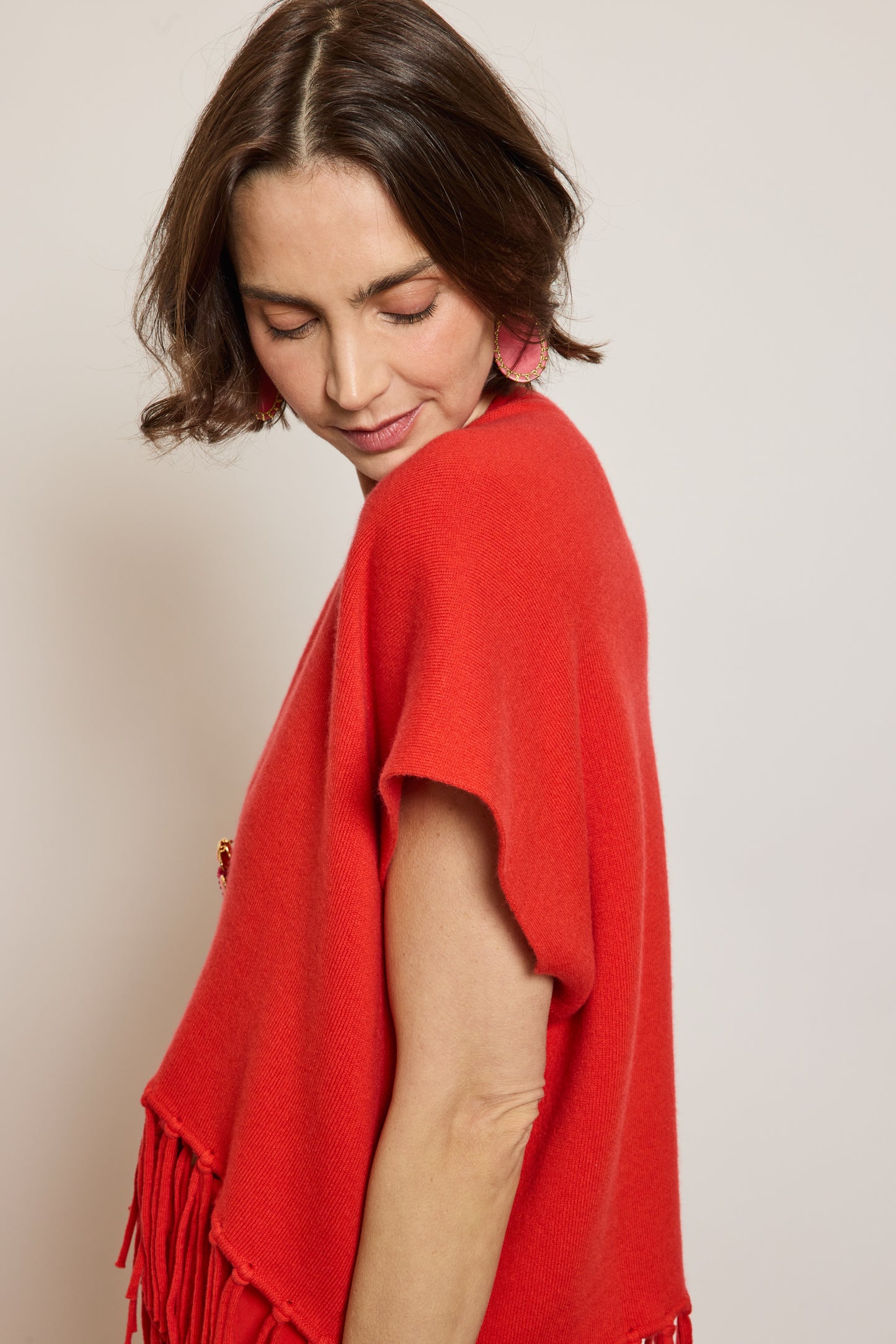 CARDIGAN À FRANGES CORAIL