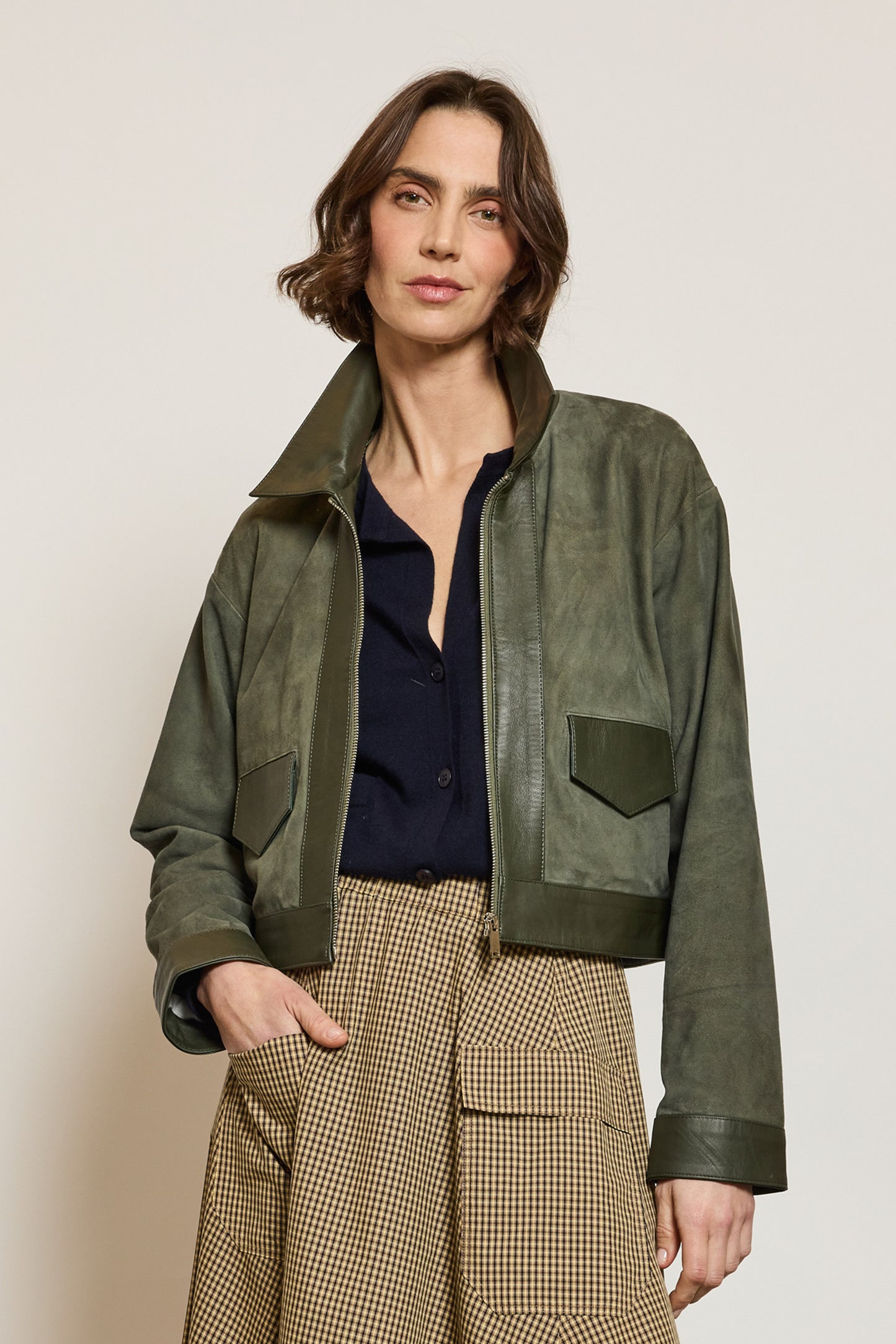 BLOUSON EN CUIR KAKI