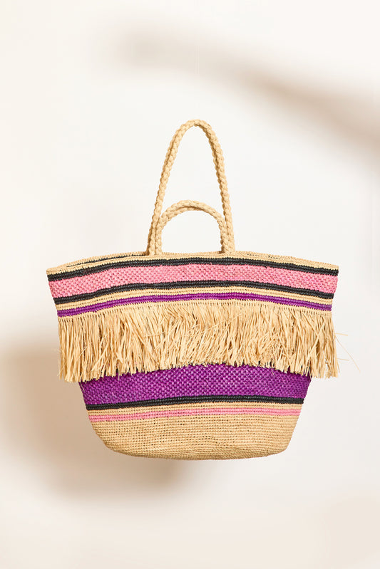 PANIER RAFFIA RAYURES ROSE