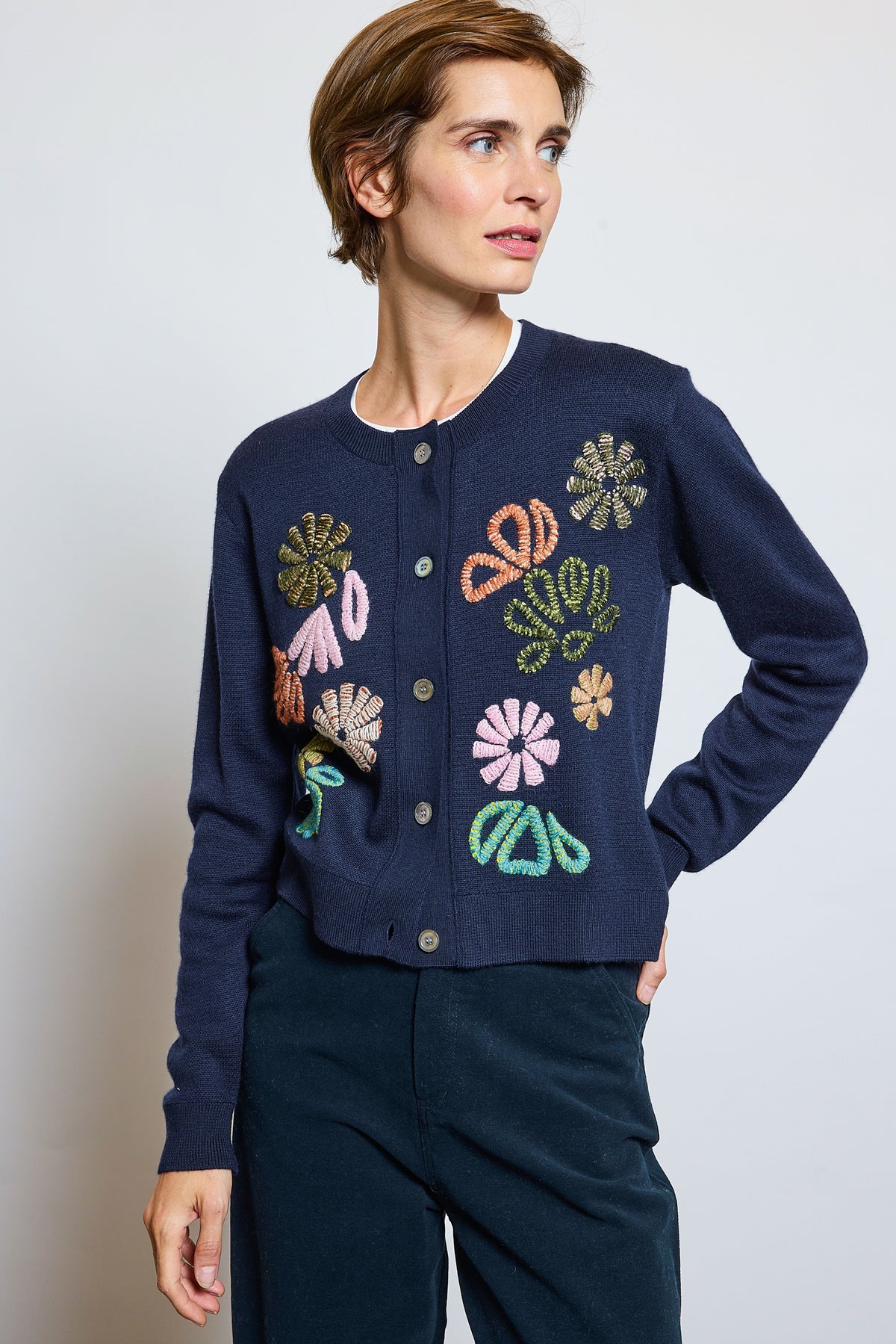 CARDIGAN EN LAINE ET SOIE MARINE