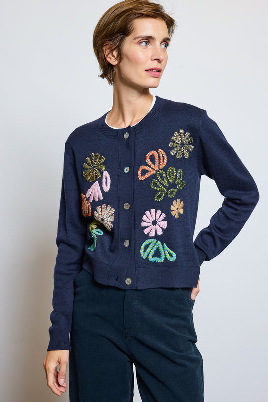 WOOL AND SILK CARDIGAN NAVY