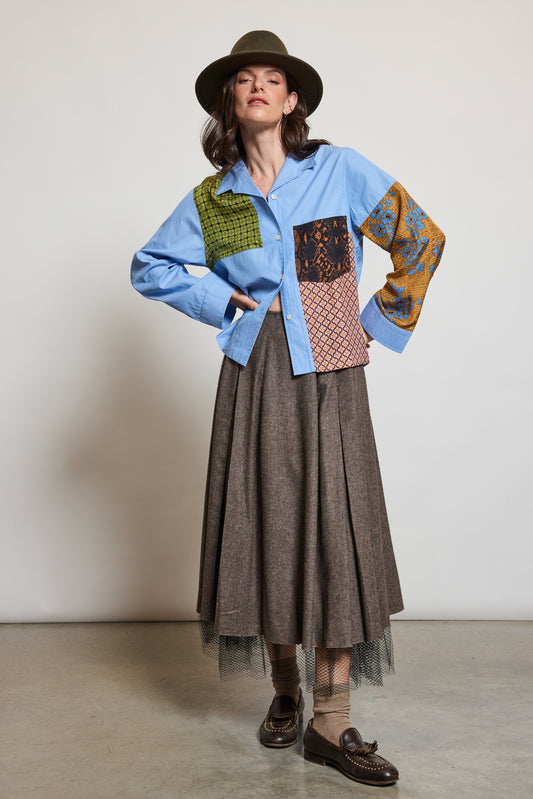 CHEMISE AVEC PATCHS DE SOIE BLEUE