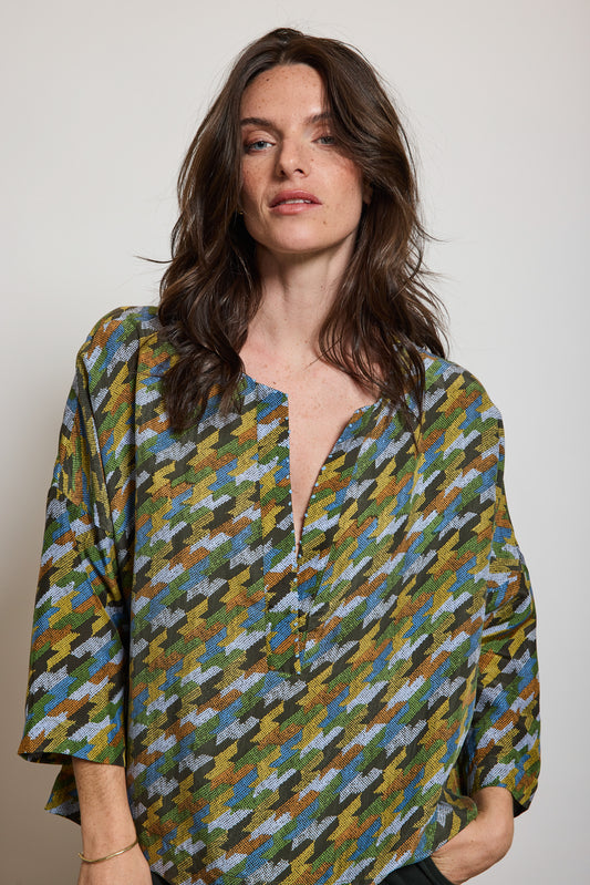 HOUNDSTOOTH SILK TOP GREEN