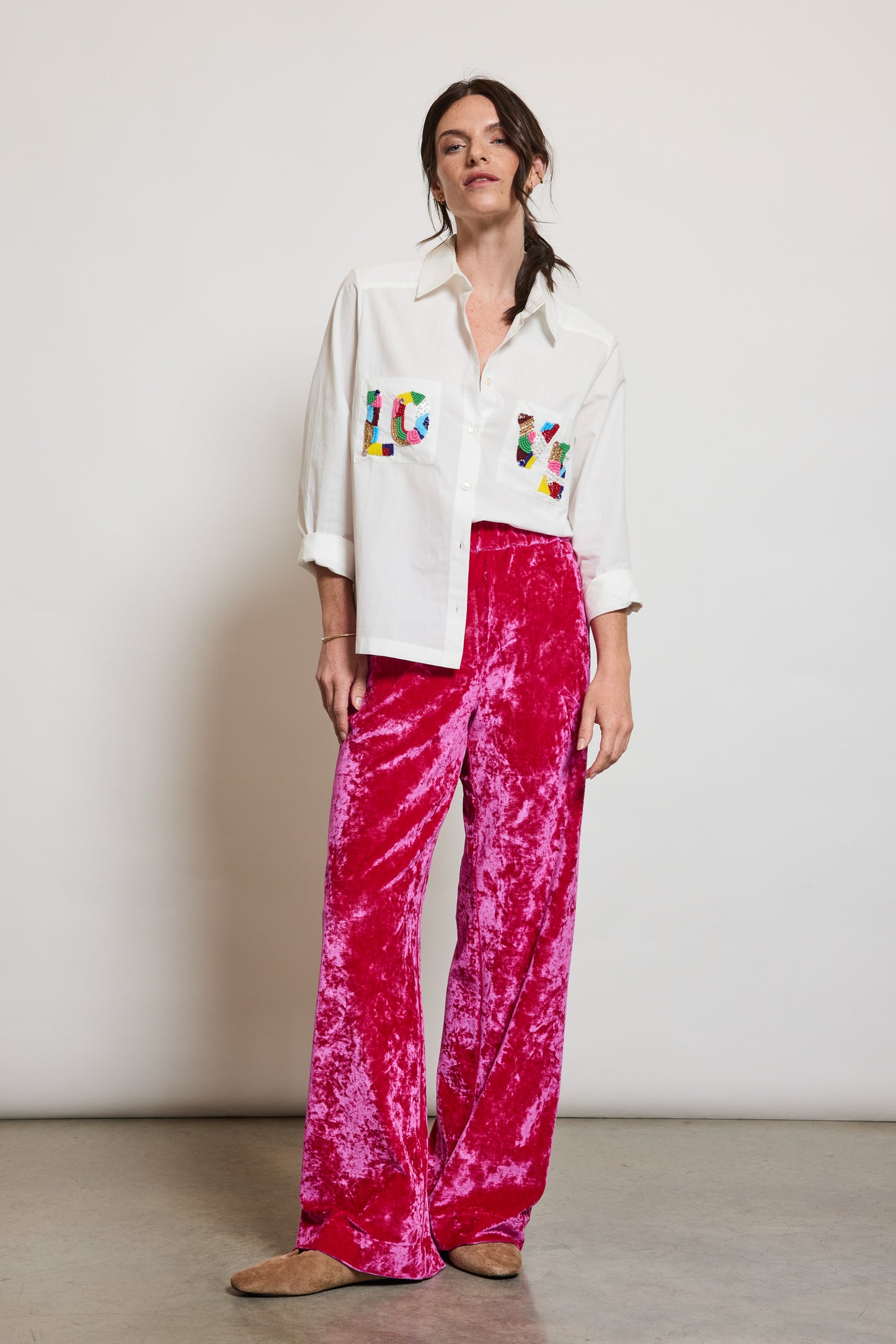 PANTALON EN PANNE DE VELOURS CYCLAMEN