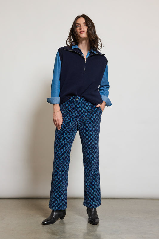 PRINTED VELVET PANTS BLUE