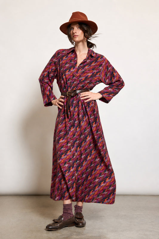 HOUNDSTOOTH SILK DRESS FUXIA