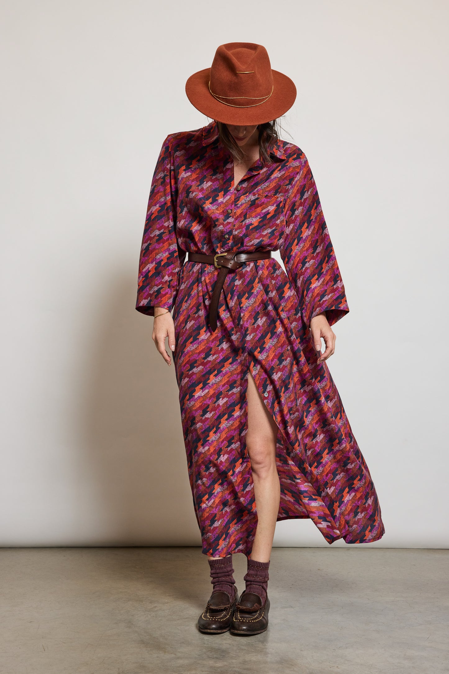 ROBE EN SOIE PIED DE COQ FUSCHIA