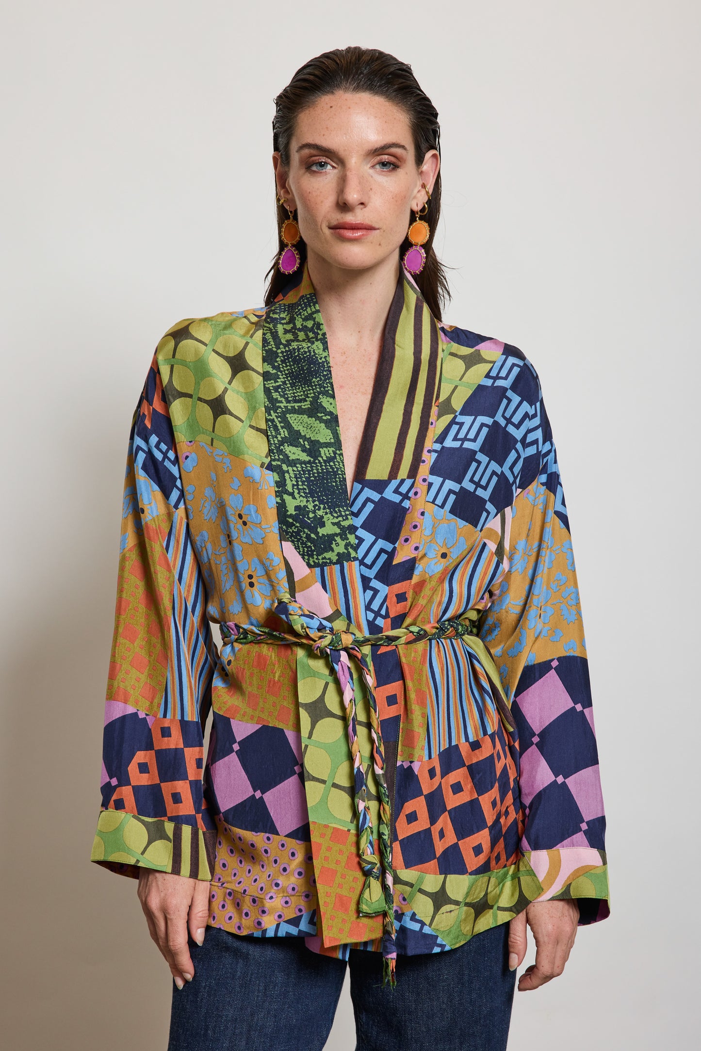 KIMONO EN SOIE ORIGAMI MULTICOLORE