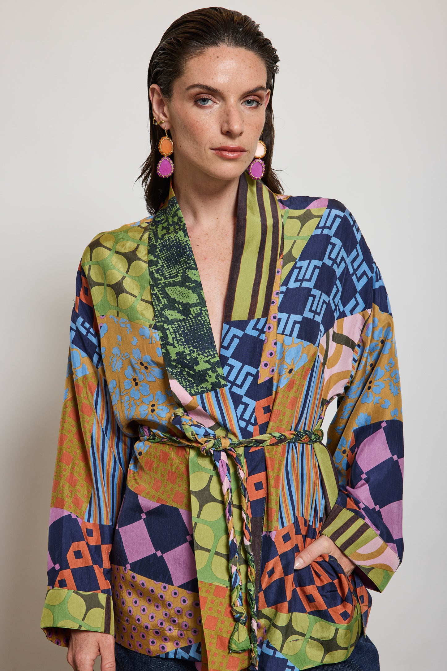 KIMONO EN SOIE ORIGAMI MULTICOLORE