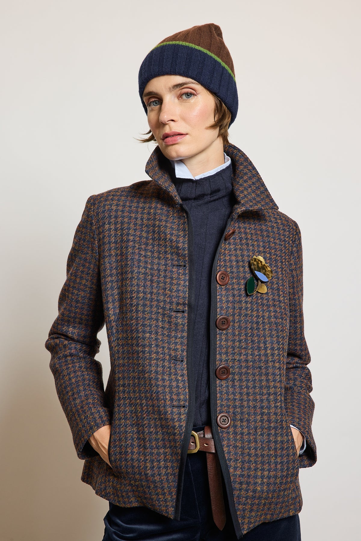 VESTE EN LAINE CINTRÉE PIED-DE-POULE`