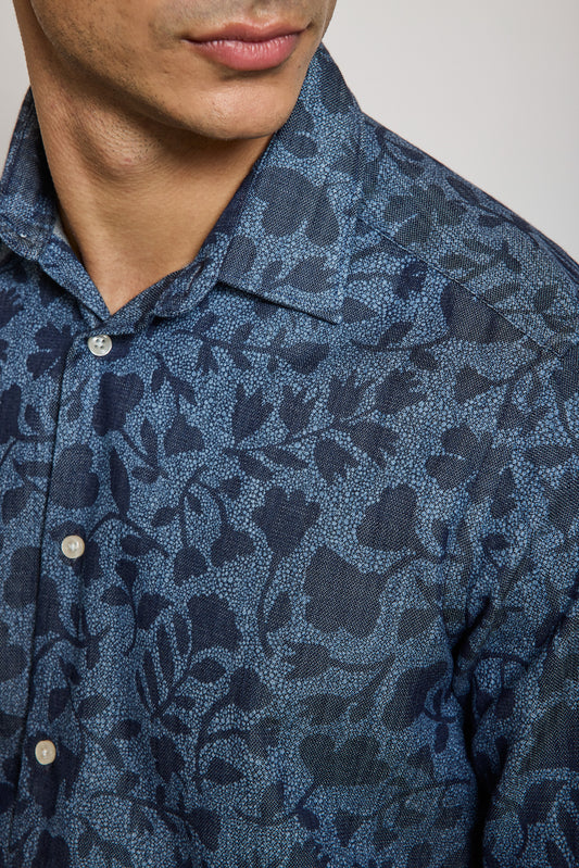DENIM SEMI SLIM SHIRT FLOWERS