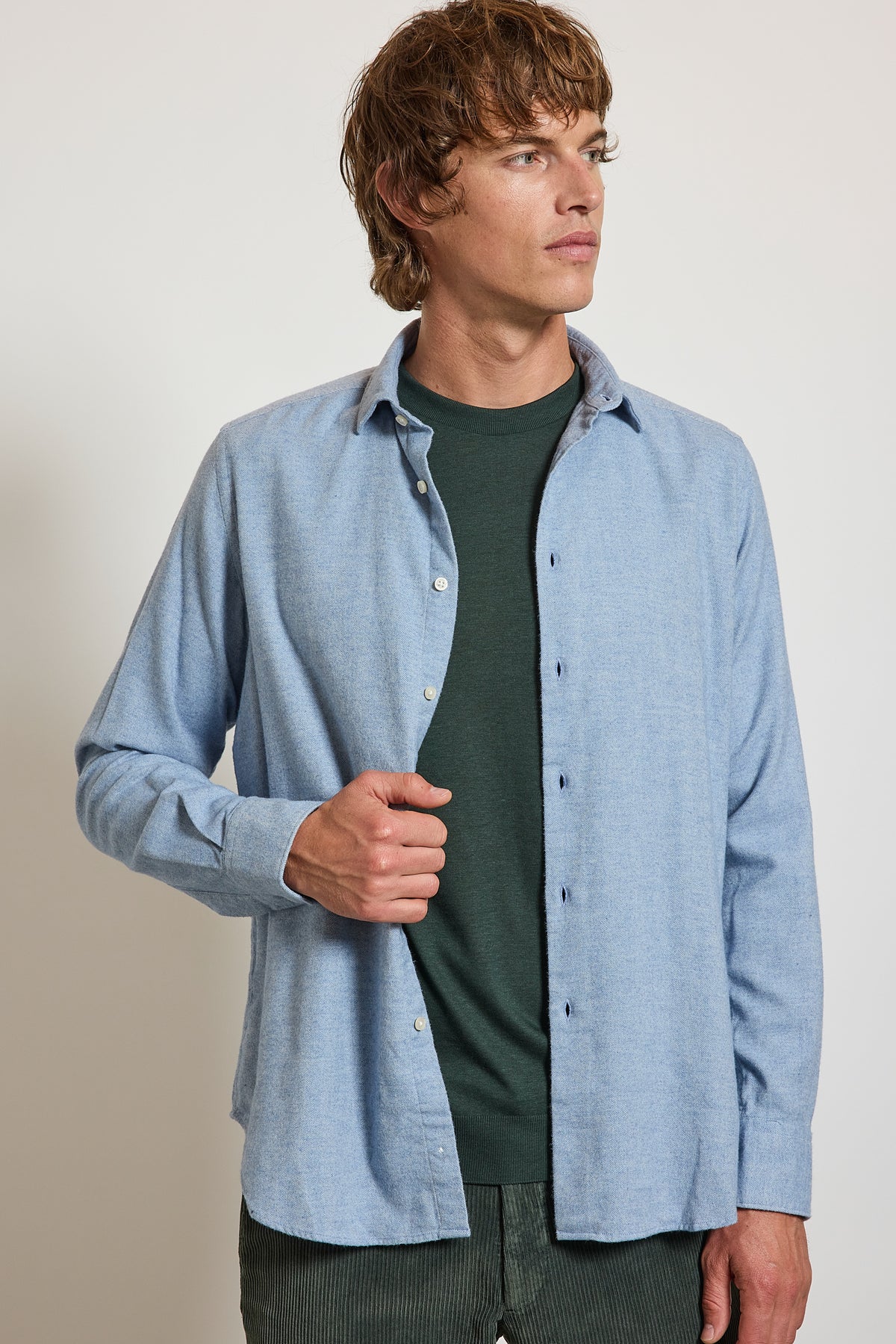 FLANNEL SEMI SLIM SHIRT BLUE HERRINGBONE