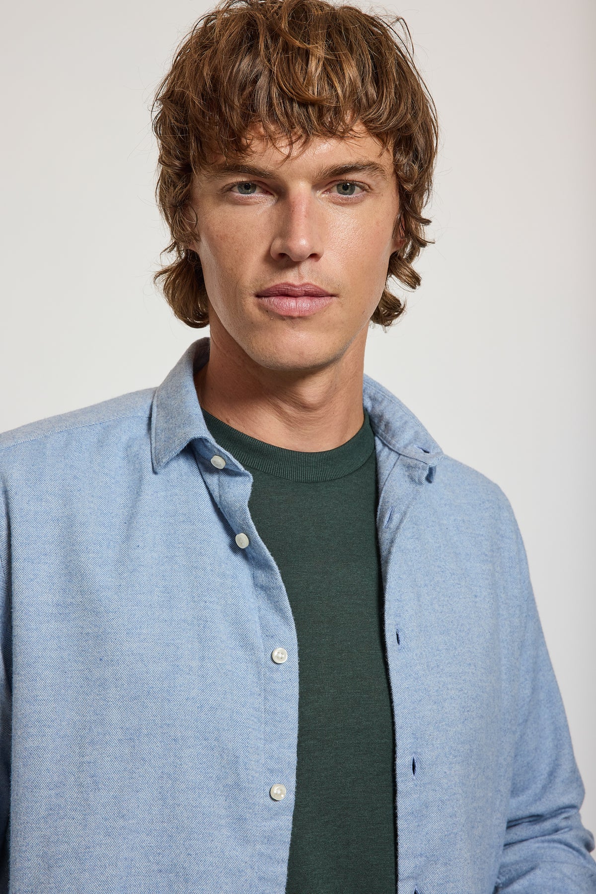 FLANNEL SEMI SLIM SHIRT BLUE HERRINGBONE