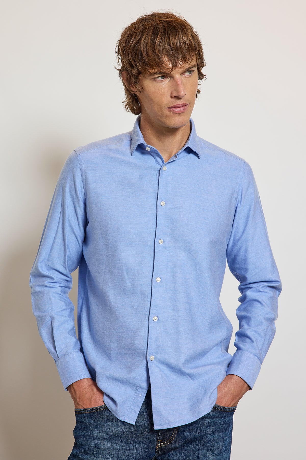 LYOCELL COTTON SEMI SLIM SHIRT BLUE