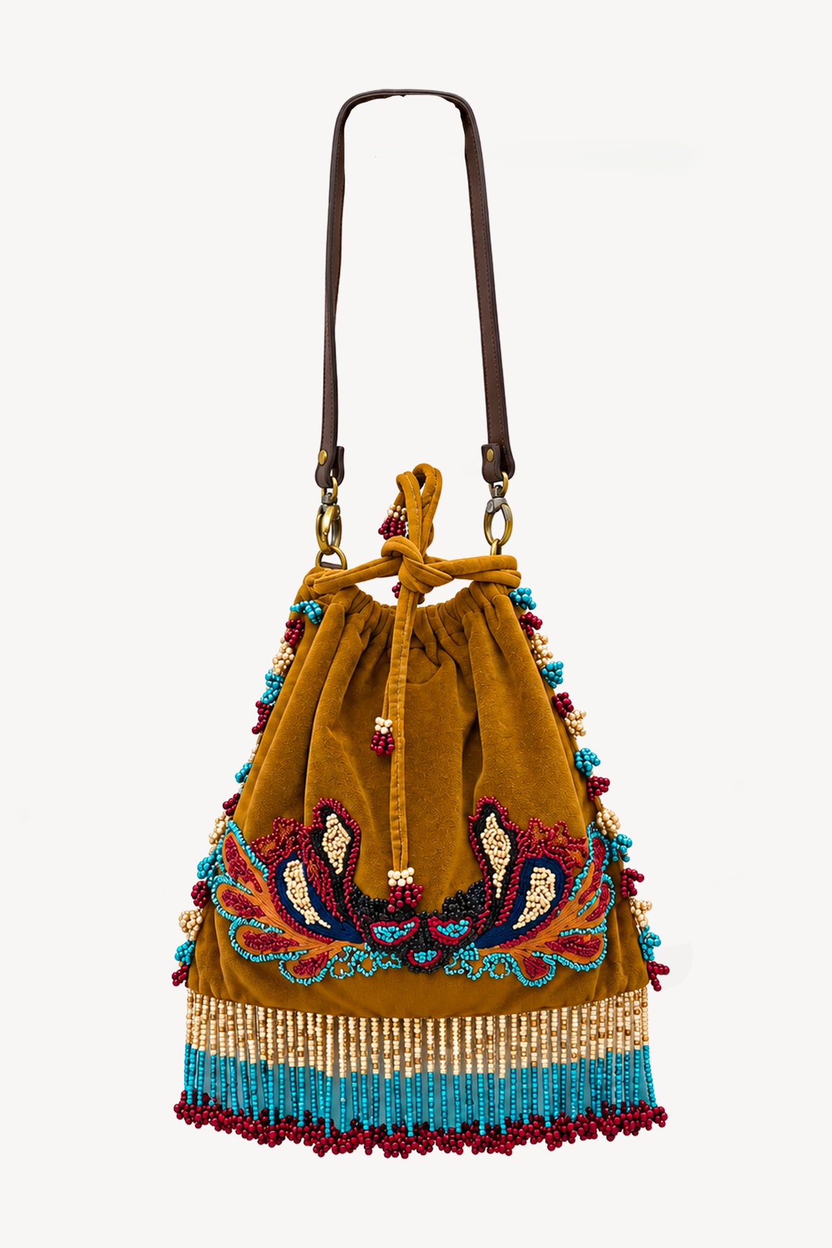 SAC EN VELOURS BRODÉ MOUTARDE