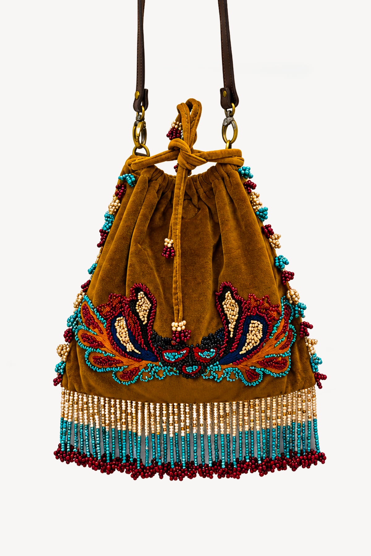 SAC EN VELOURS BRODÉ MOUTARDE