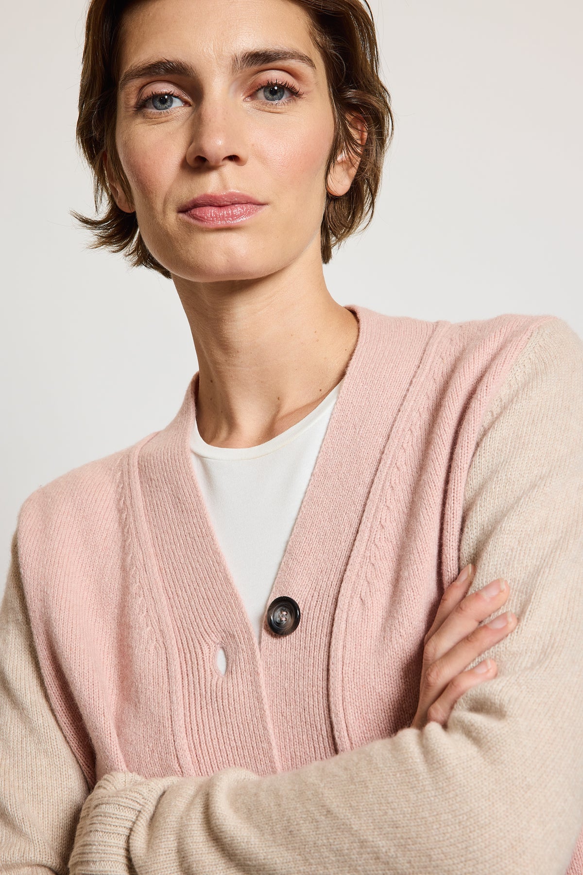 CARDIGAN TRICOLORE CACHEMIRE ROSE