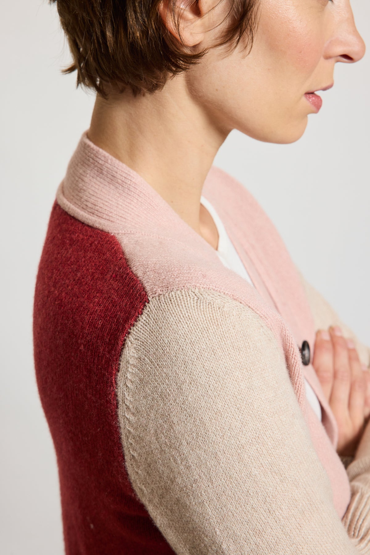CARDIGAN TRICOLORE CACHEMIRE ROSE