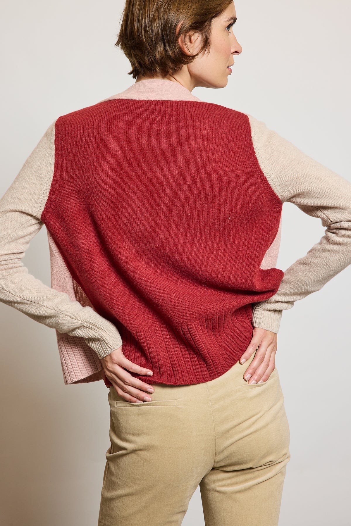 CARDIGAN TRICOLORE CACHEMIRE ROSE